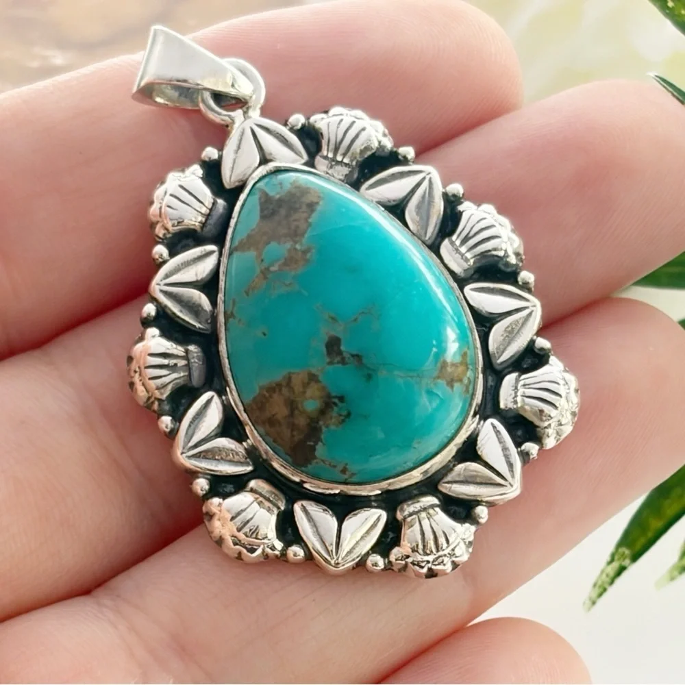 Pure Sterling Silver 925 Genuine Turquoise Pendant Southwest Navajo Style New
